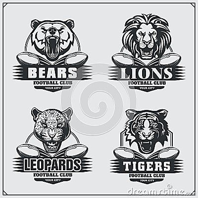 Football badges, labels and design elements. Sport club emblems with bear, lion, tiger and leopard. Vector Illustration