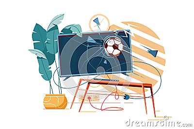 Football ball punching and crushing tv destroying furniture. Cartoon Illustration