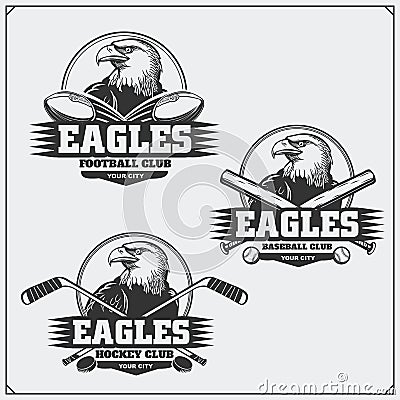 Football, baseball and hockey logos and labels. Sport club emblems with eagle. Vector Illustration
