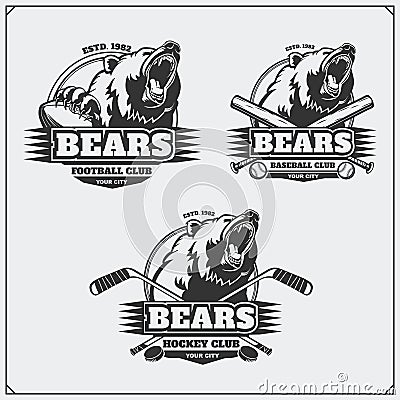 Football, baseball and hockey logos and labels. Sport club emblems with head of bear. Vector Illustration