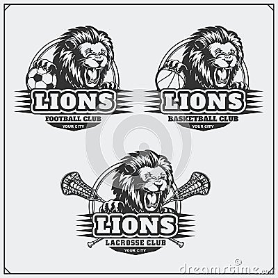 Football, baseball and hockey logos and labels. Sport club emblems with head of lion. Vector Illustration