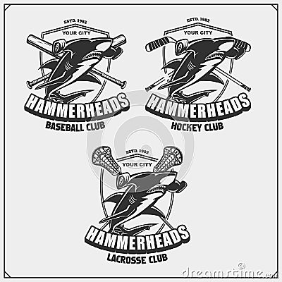 Football, baseball, lacrosse and hockey logos and labels. Sport club emblems with hammerhead shark. Vector Illustration