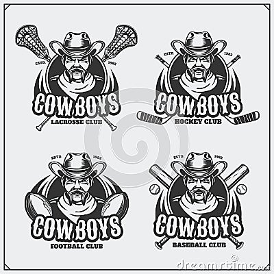 Football, baseball, lacrosse and hockey logos and labels. Sport club emblems with viking. Vector Illustration