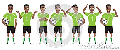 Footballer character constructor. black african american soccer player different postures, emotions set Vector Illustration