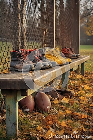 football cleats and gloves on a sideline bench Stock Photo