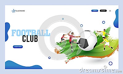 Football Club Landing Page or Hero Banner Design, Illustration of Soccer Players Kicking the Ball on Playground in Brush Stock Photo