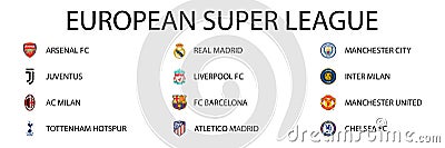 12 football clubs: Milan, Arsenal, Atletico Madrid, Chelsea, Barcelona, Inter Milan, Juventus, Liverpool, Manchester City and Vector Illustration