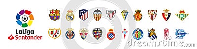 Football clubs of Spain, Laliga santander. Barcelona, Real Madrid, Atletico, Valencia, Athletic, Cadiz, Mallorca, Sevilla, Osasuna Vector Illustration