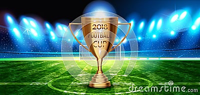 Football cup in the soccer arena on a background of grass field. Vector Illustration
