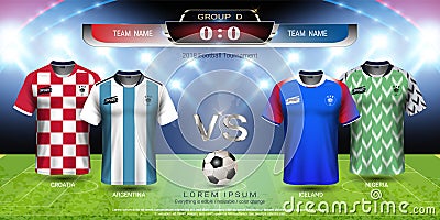 Football cup 2018 team group D, Soccer jersey with scoreboard mock-up Vector Illustration