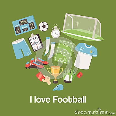 Football equipment and supplies banner vector illustration. Soccer love set of icons with field, ball, trophy Vector Illustration