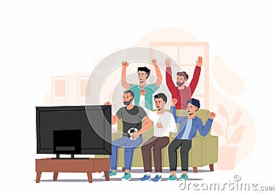 Football fans, friends watching match on TV at home. Men sitting on couch and celebrating soccer team winning or goal Cartoon Illustration