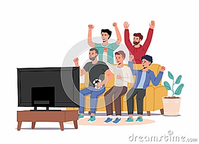 Football fans, friends watching match on TV. Men sitting on couch and celebrating soccer team winning or goal Vector Illustration