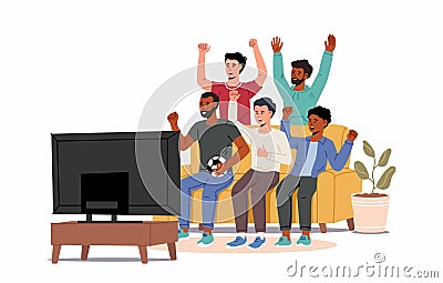 Football fans, friends watching match on TV. Men sitting on couch and celebrating soccer team winning or goal Vector Illustration