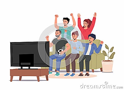 Football fans, friends watching match on TV. Men and women sitting on couch and celebrating soccer team winning or goal Vector Illustration