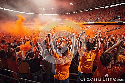 Football fans in orange tshirts at the stands of the stadium, Fans celebrating and cheering inside a stadium, AI Generated Stock Photo