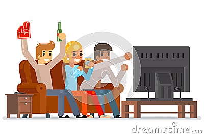 Football fans together gamer girl boy friends group watching tv soccer game match competition cartoon characters flat Vector Illustration