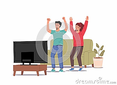 Football fans, young pair or family watching match on TV. Man and woman standing with couch and celebrating soccer team winning or Vector Illustration