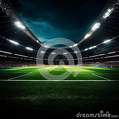 Football field bathed in the glow of powerful stadium spotlights Stock Photo