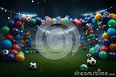 Football field with lighting, arena with balloons, football player's birthday Stock Photo