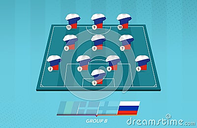 Football field with Russia team lineup for European competition Vector Illustration