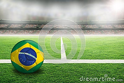 Football With Flag of Brazil in Soccer Stadium With Copy Space Stock Photo