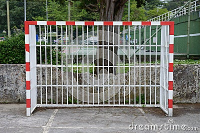 Football gate in the playground in the city park Stock Photo