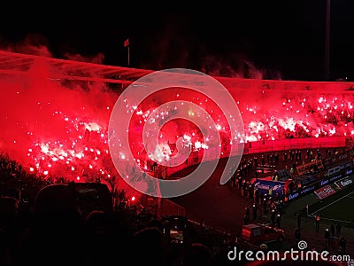 Football match between Crvena zvezda and Partizan, flames, Belgrade, Srbija Editorial Stock Photo