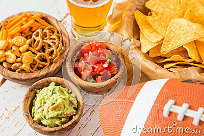 Football party food, super bowl day, nachos salsa guacamole Stock Photo