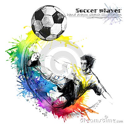 Football player. Soccer silhouette hand drawn sketch illustration Cartoon Illustration