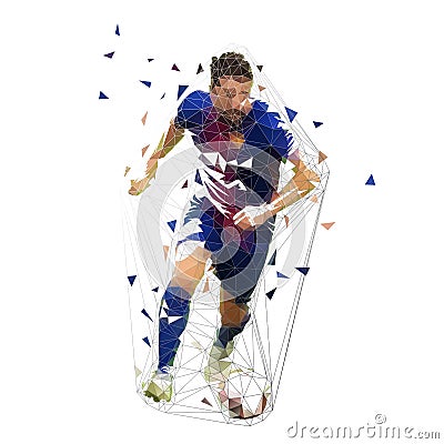 Football player in dark blue jersey running with ball, abstract low poly vector drawing. Running soccer player. Isolated geometric Vector Illustration
