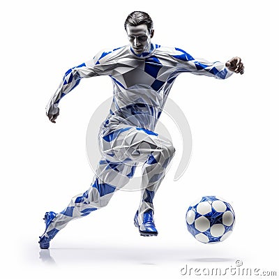 Intricate Body-painted Male Playing Football On White Background Stock Photo