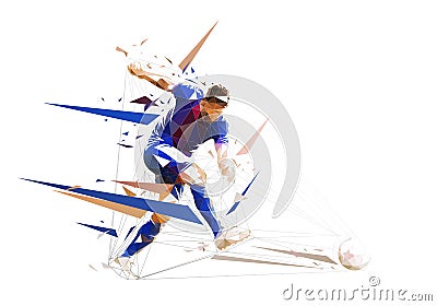 Football player kicking the ball, side view, isolated low polygonal vector illustration. Soccer, footballer Vector Illustration