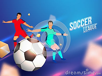 Football players character with soccer ball on shiny blurry background for Soccer League. Stock Photo