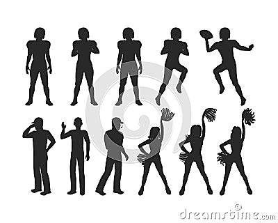 Football Players, Coaches, Cheerleading Girls Vector Illustration