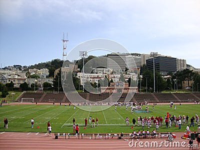 Football Players line up for a play at Kezar Stadium Editorial Stock Photo