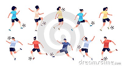 Football players. Soccer sportsman, people playing with ball. Athlete goal and kick, isolated sport action and workout Vector Illustration