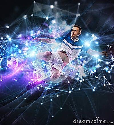 Football scene with soccer player in front of a futuristic digital background Stock Photo