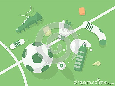 Football / Soccer Background With Sport Equipment. Monochrome Green Illuminated Field. Vector Illustration