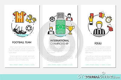 Football Soccer Business Brochure. Linear Thin Line Icons Set with Ball and Sport Elements Vector Illustration