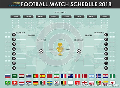 Football or soccer cup match schedule and wall chart . Vector for international world championship tournament 2018 . Flat design Vector Illustration