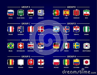 Football or Soccer cup 2018 team group set . Square glass covered design of national flag with metal edge and sparkle on blue colo Vector Illustration