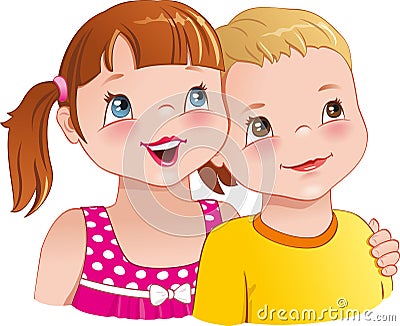 Girl hug a boy - cute kids looking up and smiling happily. Vector illustration Vector Illustration