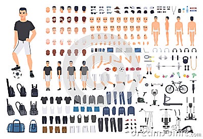 Football or soccer player creation kit. Bundle of man`s body parts, poses, sports clothes, exercise machines isolated on Vector Illustration