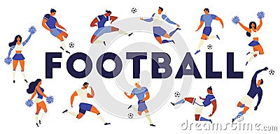 Football soccer players cheerleaders fans set of isolated human figures with merch marks of favourite team. Vector Vector Illustration