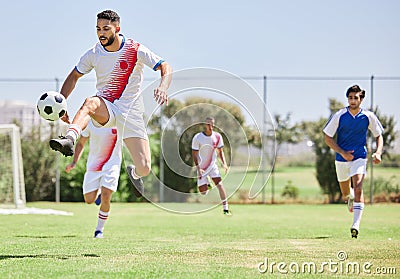 Football, soccer players in match and competition game with professional adult footballers with temwork, passion and Stock Photo