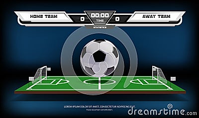 Football or soccer playing field with infographic elements and 3d ball. Sport Game. Football stadium spotlight and Vector Illustration