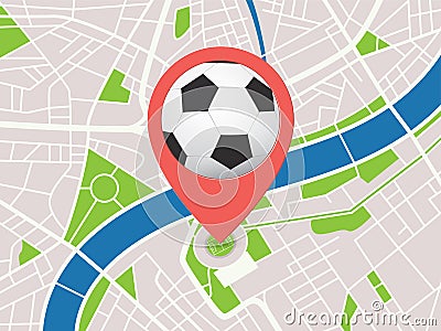 Football / Soccer Stadium GeoTagging On Map Of City. Flat Sports Isometric Art. Vector Illustration