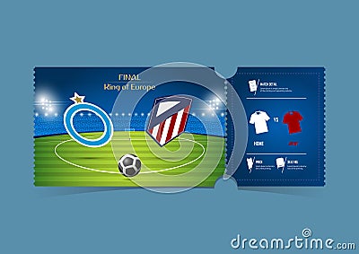 Football or Soccer ticket template design for sport match. Soccer logo fly over football pitch. Gift vouchers, certificate coupons Vector Illustration