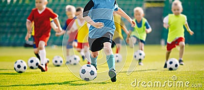 Football soccer training for kids. Young boys improving soccer skills Children football training Editorial Stock Photo